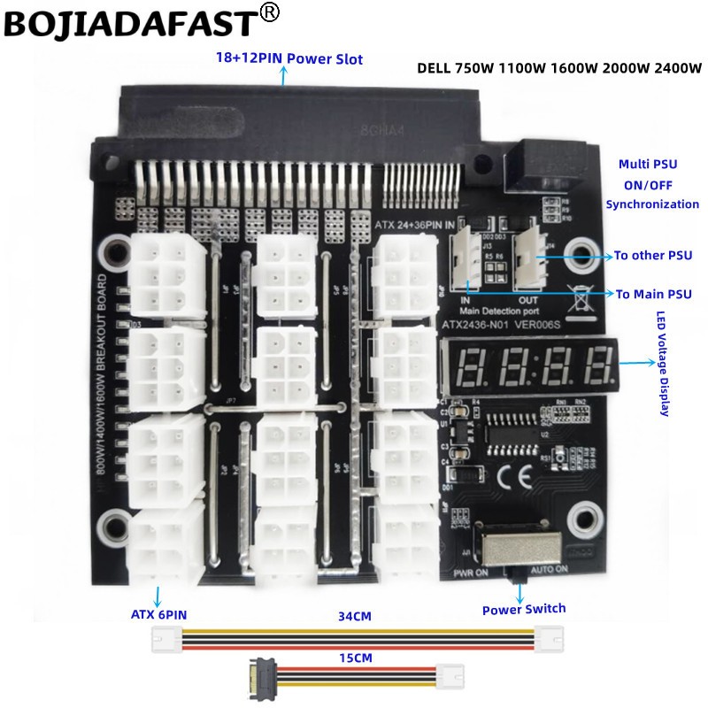 2400W Server Psu Breakout Board - Placa de Conexão com 12 Conectores